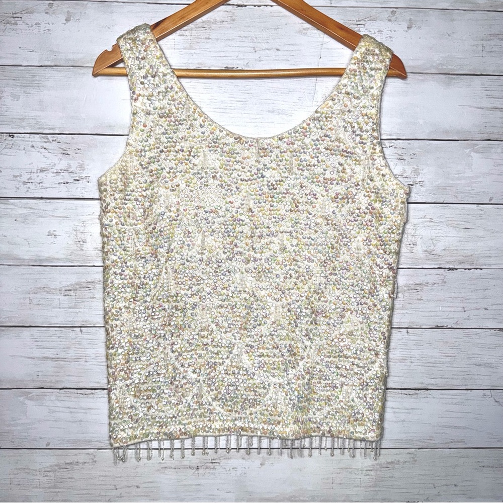 Vintage Ivory Sequin Beaded Tank Top